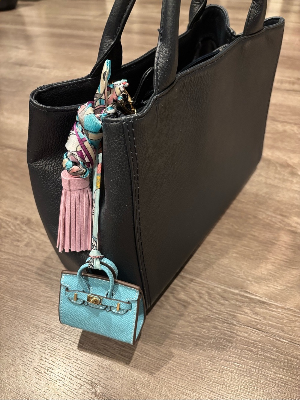 Mini Top Handle Handbag Charm Keychain with Scarf & Tassel – Blue